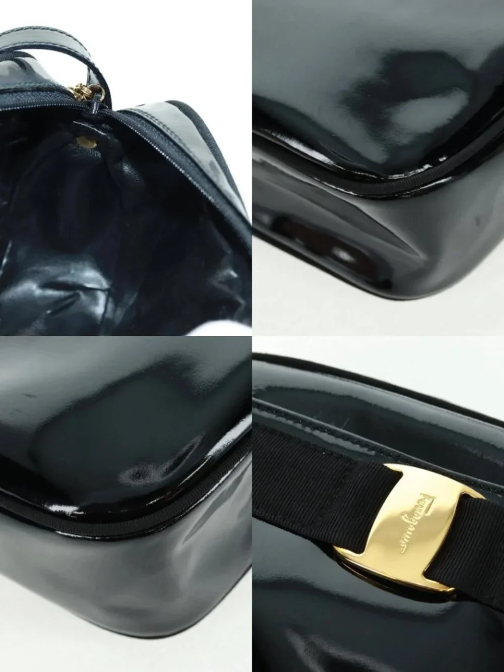 Salvatore Ferragamo Shoulder Bag Patent leather Black Gold Auth ka1226